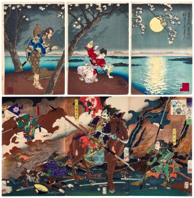 View full screen - View 1 of Lot 133. Tsukioka Yoshitoshi (1839-1892) | Two woodblock print triptychs | Edo - Meiji period, 19th century .