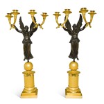 A pair of Empire gilt and patinated bronze four-light candelabra by Rabiat, early 19th century