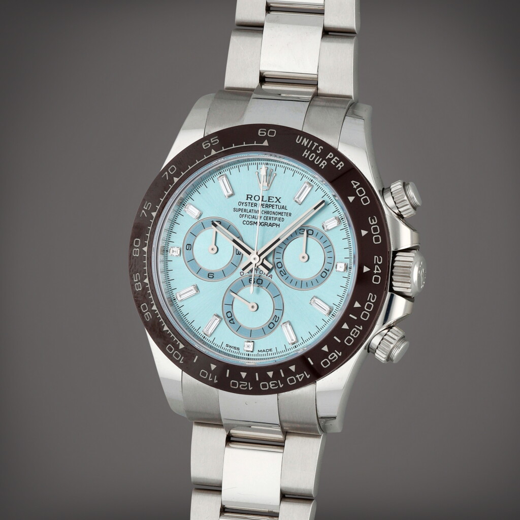 View full screen - View 1 of Lot 39. Daytona, Reference 116506 | A platinum chronograph wristwatch with bracelet and additional dial | Circa 2022 | 勞力士 | Daytona 型號116506 | 鉑金計時鏈帶腕錶,附後補錶盤,製作年份約2022.