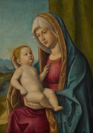 View full screen - View 1 of Lot 13. Madonna and Child before a green curtain and a landscape.