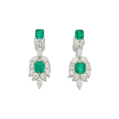 View full screen - View 1 of Lot 175. Pair of Emerald and Diamond Pendant-Earclips 祖母綠配鑽石耳墜一對.