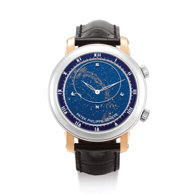 View full screen - View 1 of Lot 2295. PATEK PHILIPPE | CELESTIAL, REFERENCE 5102 A PLATINUM AND PINK GOLD ASTRONOMICAL WRISTWATCH WITH SKY CHART, PHASES AND POSITION OF THE MOON AND TIME OF MERIDIAN PASSAGE OF SIRIUS AND THE MOON, CIRCA 2010 " | 百達翡麗 | Celestial 型號5102 鉑金及粉紅金天文腕錶備星體運行及月相盈虧顯示,機芯編號5504553,錶殼編號4488650,約2010年製".