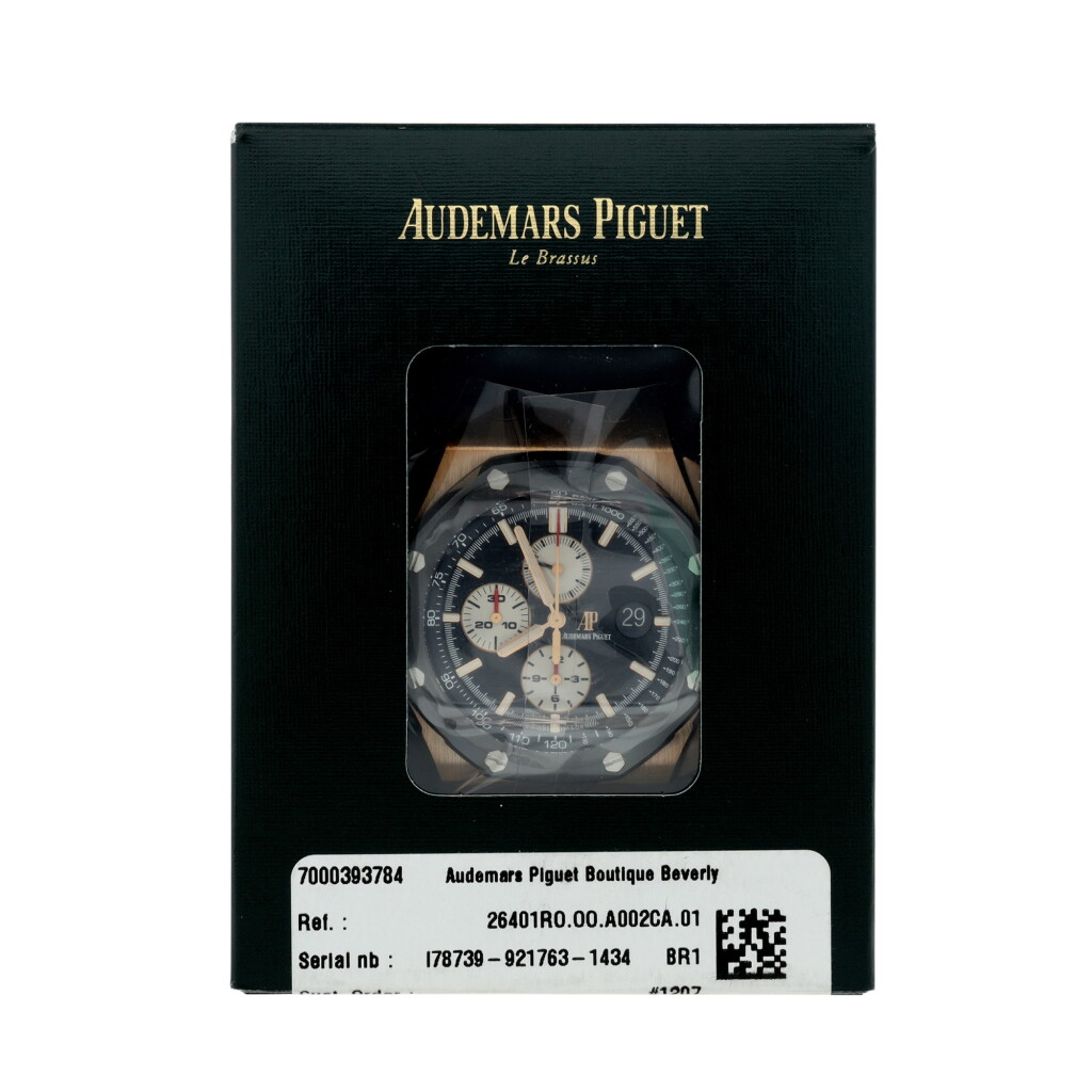 View full screen - View 1 of Lot 188. REFERENCE 26401RO.OO.A002CA.01 ROYAL OAK OFFSHORE A PINK GOLD AND CERAMIC AUTOMATIC CHRONOGRAPH WRISTWATCH WITH DATE, SERVICE SEALED, CIRCA 2015.