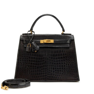 View full screen - View 1 of Lot 60. Vintage Black Shiny Crocodile Kelly 28 Sellier Gold Hardware, 1973.