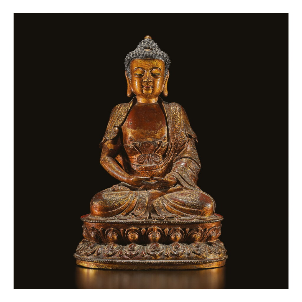 View full screen - View 1 of Lot 610. A GILT-LACQUER BRONZE FIGURE OF AMITABHA, MING DYNASTY.