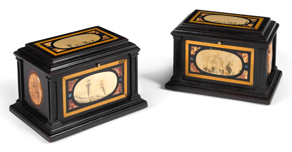 View full screen - View 1 of Lot 55. A PAIR OF ITALIAN PIETRA PAESINA MOUNTED EBONY CASKETS THE PANELS 17TH CENTURY, THE CASKET 19TH CENTURY.