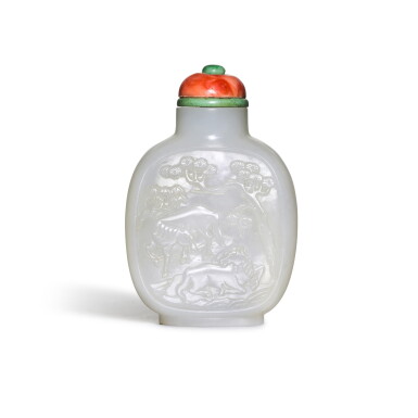 View full screen - View 1 of Lot 208. A WHITE JADE SNUFF BOTTLE, LATE QING DYNASTY | 晚清 白玉三羊開泰圖鼻烟壺.