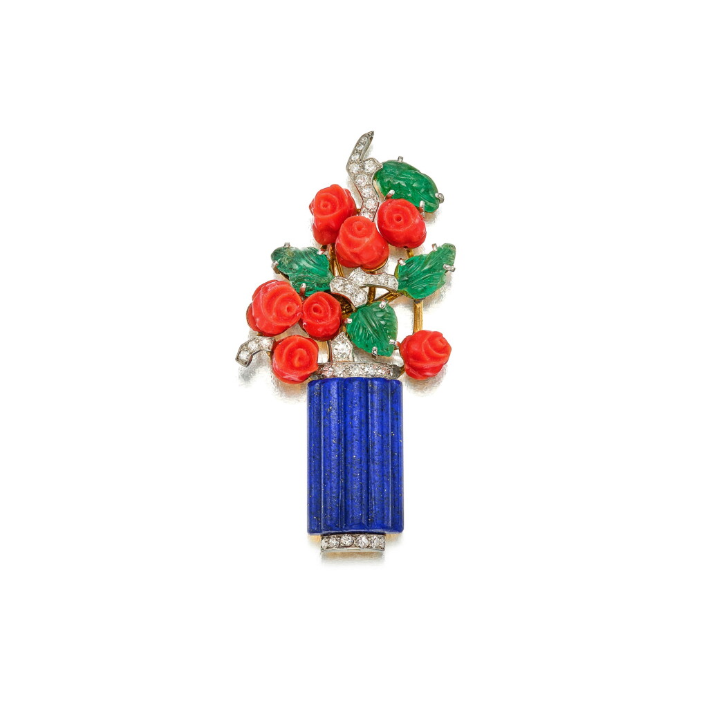 View full screen - View 1 of Lot 49. Cartier | Lapis Lazuli, Coral, Emerald and Diamond Brooch, France 卡地亞 青金石配珊瑚、祖母綠及鑽石別針.