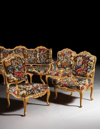 View full screen - View 1 of Lot 26. A suite of Louis XV giltwood seating furniture, circa 1740, stamped by Louis I Cresson.
