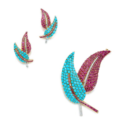 View full screen - View 1 of Lot 125. Ruby, Turquoise and Diamond Brooch and Pair of Earrings.