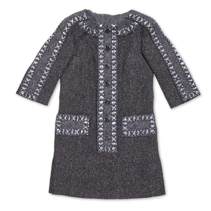 Chanel Black, Navy and Grey Button-Down Tweed Dress, Apparel in Blue/Green/Black Chanel Black, Navy and Grey Button-Down Tweed Dress, Apparel in Blue/Green/Black
