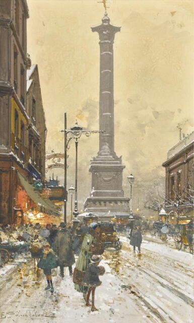 View full screen - View 1 of Lot 66. EUGÈNE GALIEN-LALOUE | Three Parisian Views: (I) Place de la Madeleine, marché aux fleurs (Ii) Le marché aux puces, Porte du Châtillon (Iii) Place de la Bastille.