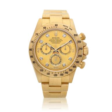 View full screen - View 1 of Lot 2066. Cosmograph Daytona, Reference 116528H | A brushed yellow gold and diamond-set chronograph wristwatch with bracelet, Circa 2014, Formerly in the collection of Eric Clapton, CBE | 勞力士 | Cosmograph Daytona 型號116528H | 黃金鑲鑽石鏈帶腕錶,約2014年製,原為 Eric Clapton, CBE 收藏.