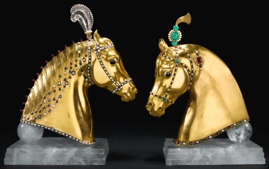 View full screen - View 1 of Lot 27. TWO GOLD AND GEM SET HORSE HEAD SCULPTURES, 'LAKSHMI' AND 'INDRA', HERBERT HASELTINE, 1949 .