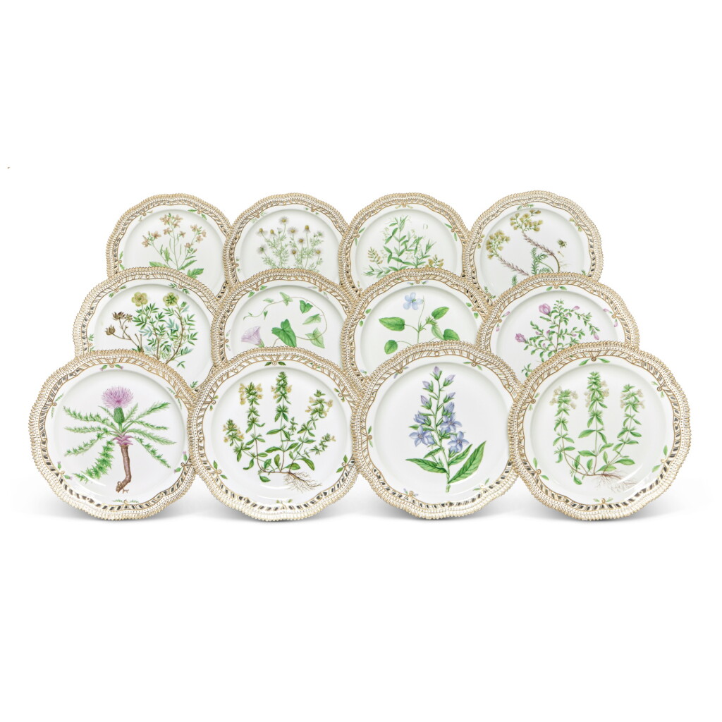 View full screen - View 1 of Lot 1164. Twelve Royal Copenhagen 'Flora Danica' Reticulated Dinner Plates, Modern.