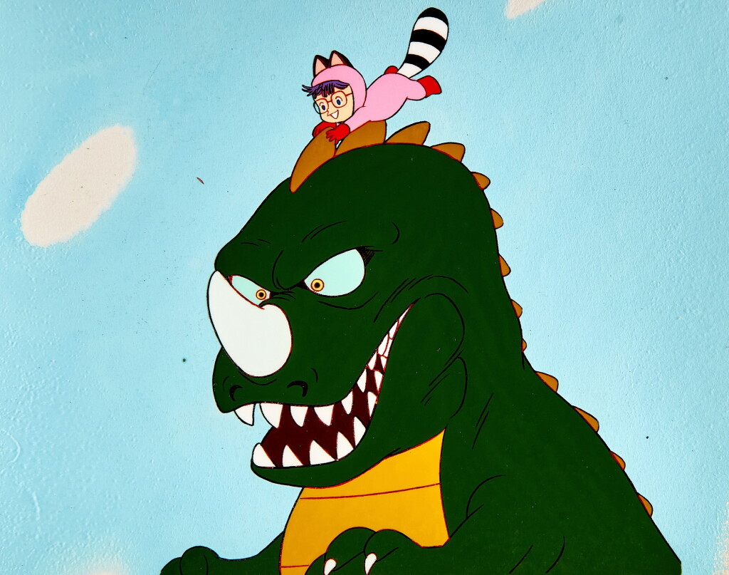 View full screen - View 1 of Lot 90. Vintage Arale and Dino Animation Cel with Dougas, Hand-painted Original Background, Timesheet and TOEI Packaging | 復古阿拉蕾與恐龍賽璐璐,附線稿及手繪原裝背景,律表及東映包裝.