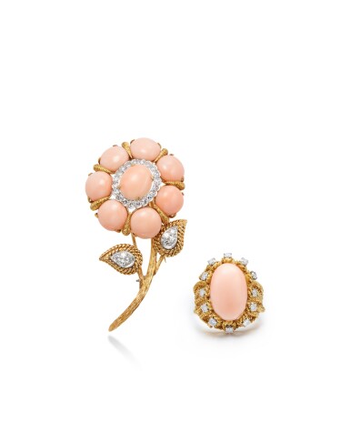 View full screen - View 1 of Lot 1957. Coral and Diamond Brooch and Ring | 珊瑚 配 鑽石 胸針 及 戒指.