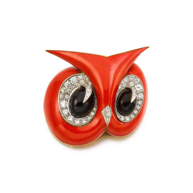 View full screen - View 1 of Lot 210. Diamond, Onyx and Enamel Owl Brooch .