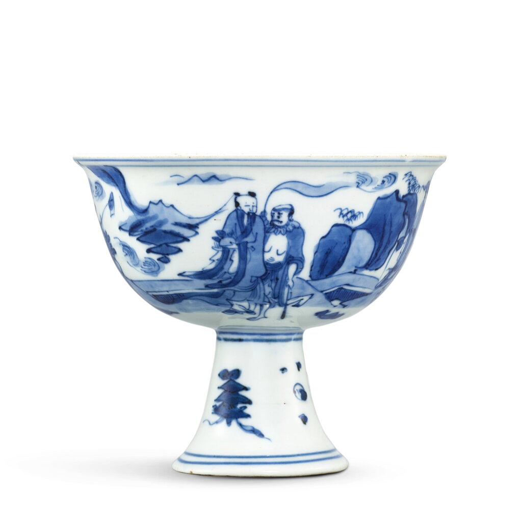 View full screen - View 1 of Lot 463. A blue and white 'Eight Immortals' stem bowl, Ming dynasty, Tianqi period 明天啟 青花八仙圖高足盌 《成化年製》仿款.