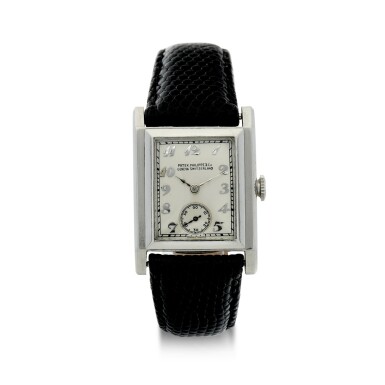 View full screen - View 1 of Lot 40. PATEK PHILIPPE | A PLATINUM SQUARE SHAPED WRISTWATCH, MADE IN 1929 .