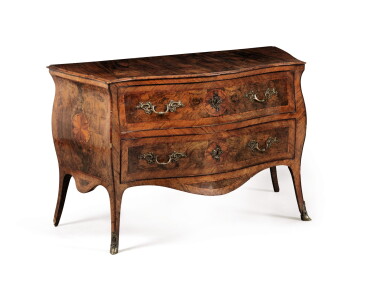 View full screen - View 1 of Lot 122. A PAIR OF ITALIAN VARNISHED BRONZE MOUNTED WALNUT BURR AND MARQUETRY COMMODES, NAPLES, 18TH CENTURY | PAIRE DE COMMODES EN LOUPE DE NOYER, MARQUETERIE ET BRONZE VERNI, TRAVAIL NAPOLITAIN DU XVIIIE SIÈCLE.
