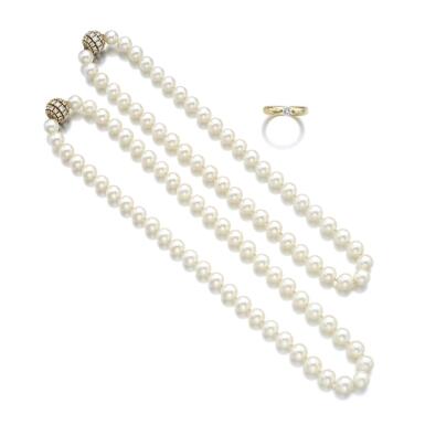 View full screen - View 1 of Lot 108. GOLD AND DIAMOND RING, CARTIER, AND TWO CULTURED PEARL AND DIAMOND NECKLACES.