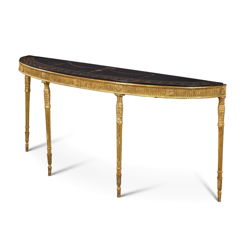 View full screen - View 1 of Lot 533. A Pair of George III Giltwood and Scagliola Demilune Console Tables, the bases last quarter 18th Century, the tops probably later.