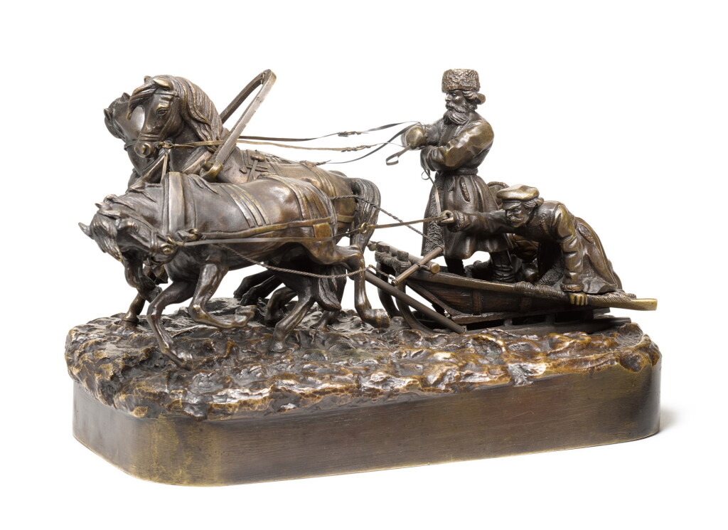 View full screen - View 1 of Lot 244. A WINTER TROIKA RIDE: A SMALL BRONZE FIGURAL GROUP, AFTER THE MODEL BY EVGENY NAPS, 1880.