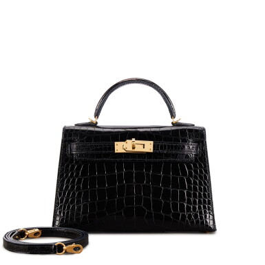 View full screen - View 1 of Lot 519. Black Shiny Mississippiensis Alligator Mini Kelly 20 II Gold Hardware, 2017.