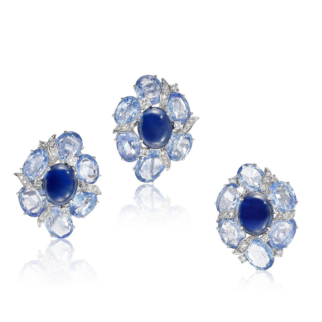 View full screen - View 1 of Lot 2858. Sapphire and Diamond Demi-Parure | 藍寶石 配 鑽石 戒指 及 耳環套裝.