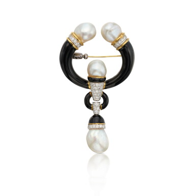 View full screen - View 1 of Lot 120. Cultured Pearl, Enamel and Diamond Brooch.