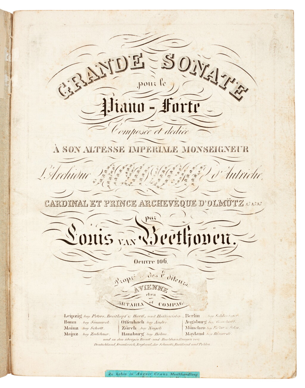 View full screen - View 1 of Lot 11. L. v. Beethoven. First edition of the "Hammerklavier" Sonata, op.106, 1819.