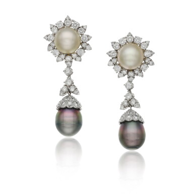 View full screen - View 1 of Lot 204. A pair of cultured pearl and diamond ear clips.