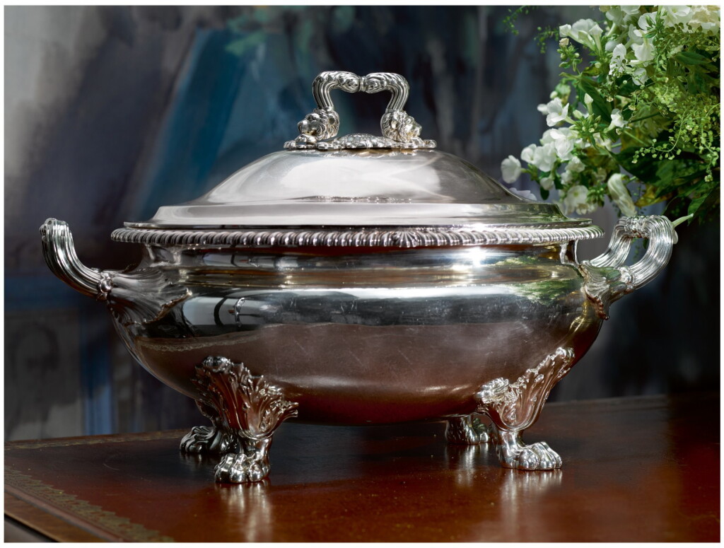 View full screen - View 1 of Lot 25. A REGENCY SILVER SOUP TUREEN AND COVER, PAUL STORR, LONDON, 1819.