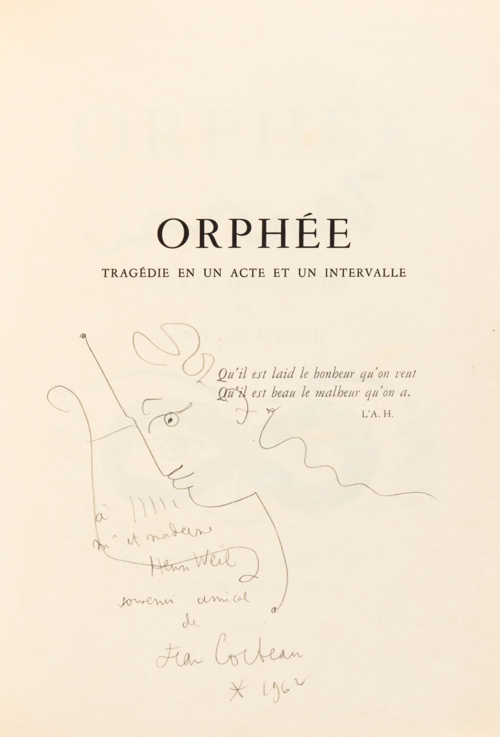 View full screen - View 1 of Lot 93. Orphée. 1944. Exemplaire sur Japon avec double suite et envoi illustré..