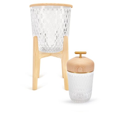 View full screen - View 1 of Lot 1677. Set of Two Clear Wood Side Table and Limited Edition Clear Wood and Satin Finish Crystal Folia Portable Lamp.