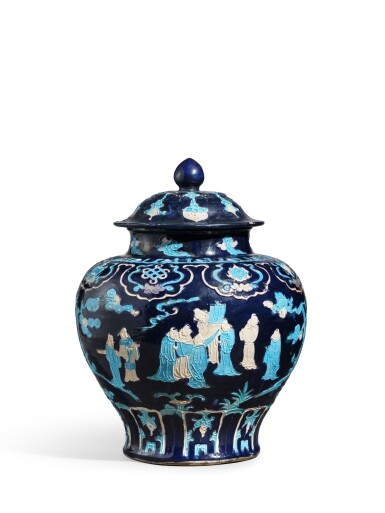View full screen - View 1 of Lot 2101. A large fahua 'Four Accomplishments’ jar and cover, Ming dynasty, 15th – 16th century | 明十五至十六世紀 琺華四藝圖蓋罐 .