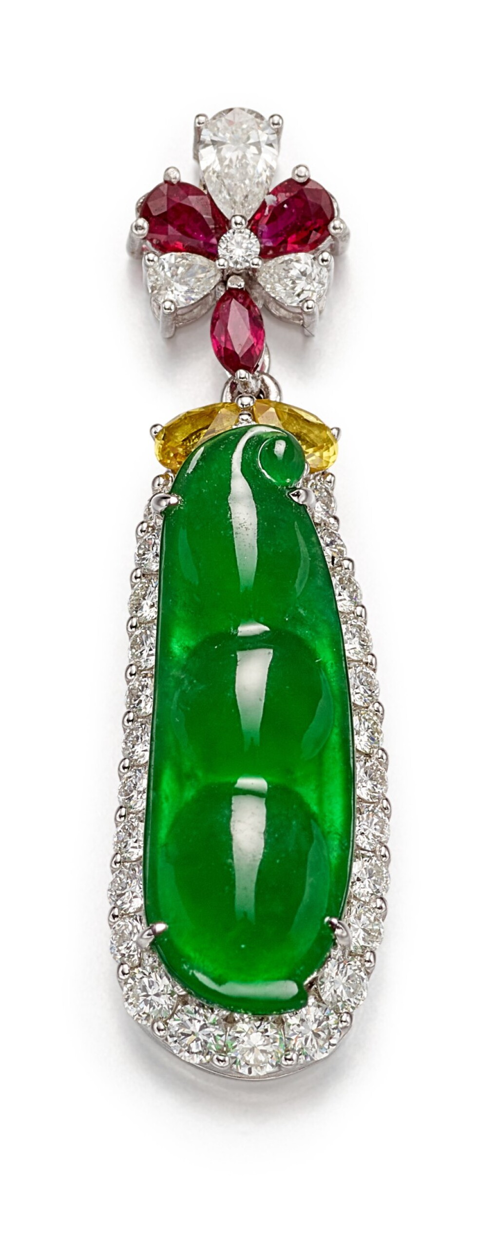 View full screen - View 1 of Lot 1180. JADEITE, RUBY, YELLOW SAPPHIRE AND DIAMOND PENDANT | 天然翡翠,紅寶石 配 黃色剛玉 及 鑽石 吊墜.
