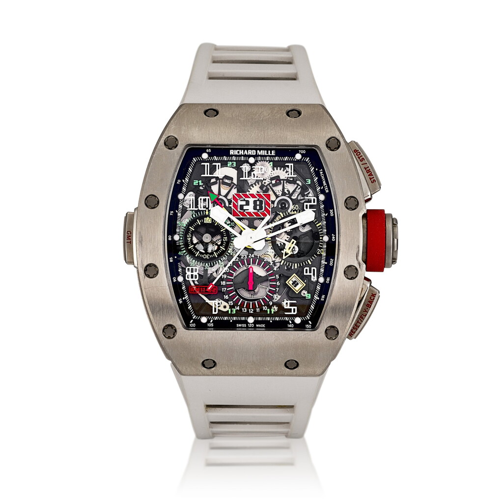 View full screen - View 1 of Lot 2160. Reference RM11-02 AO Ti GMT | A titanium semi-skeletonised annual calendar dual time zone flyback chronograph wristwatch with date, Circa 2015 | Richard Mille | 型號RM11-02 AO Ti GMT | 鈦金屬半鏤空年曆兩地時間飛返計時腕錶,約2015年製.