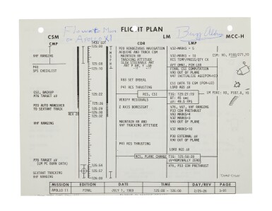 View full screen - View 1 of Lot 10. FLOWN Apollo 11 Flight Plan Sheet — A Critical Portion of the Ascent and Rendezvous Sequences.