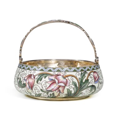 View full screen - View 1 of Lot 106. A SILVER-GILT AND CLOISONNÉ ENAMEL SUGAR BASKET, FEODOR RÜCKERT, MOSCOW, 1899-1908.