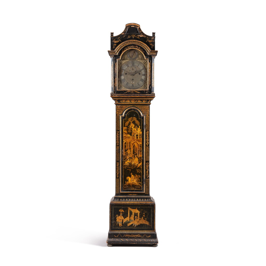 View full screen - View 1 of Lot 361. A George III-style black japanned quarter striking longcase clock, English, case associated | Pendule en bois peint de style George III, Angleterre, la caisse associée.