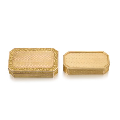 View full screen - View 1 of Lot 73. A two-colour gold snuff box, Emanuel Münzberg, Vienna, circa 1815, and smaller example, Alexis Proffit, Paris, 1788/89.