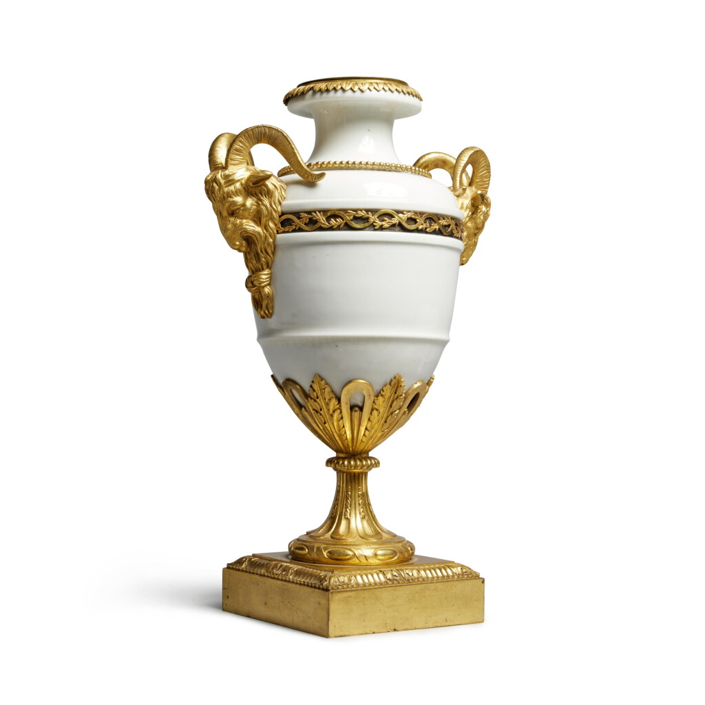View full screen - View 1 of Lot 1291. A Louis XVI Gilt-Bronze Mounted White Locré Porcelain Two-Handled Vase, Last Quarter 18th Century .