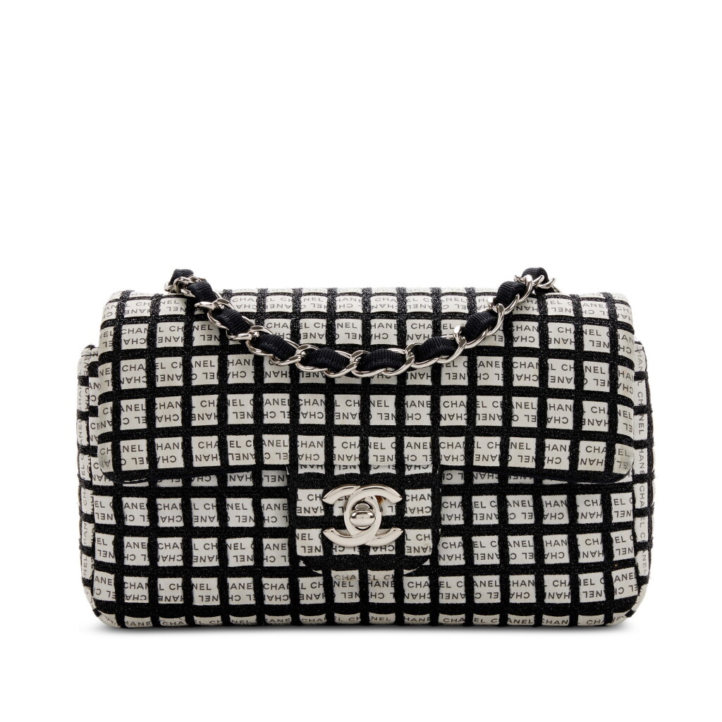 View full screen - View 1 of Lot 181. Black and White Ribbon and Tweed Mini Logo Rectangular Classic Single Flap Silver Hardware, 2014.