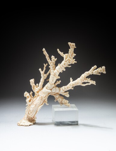 View full screen - View 1 of Lot 129. A carved pink coral figure of Guanyin, 20th century | 二十世紀 粉珊瑚雕觀音立像.