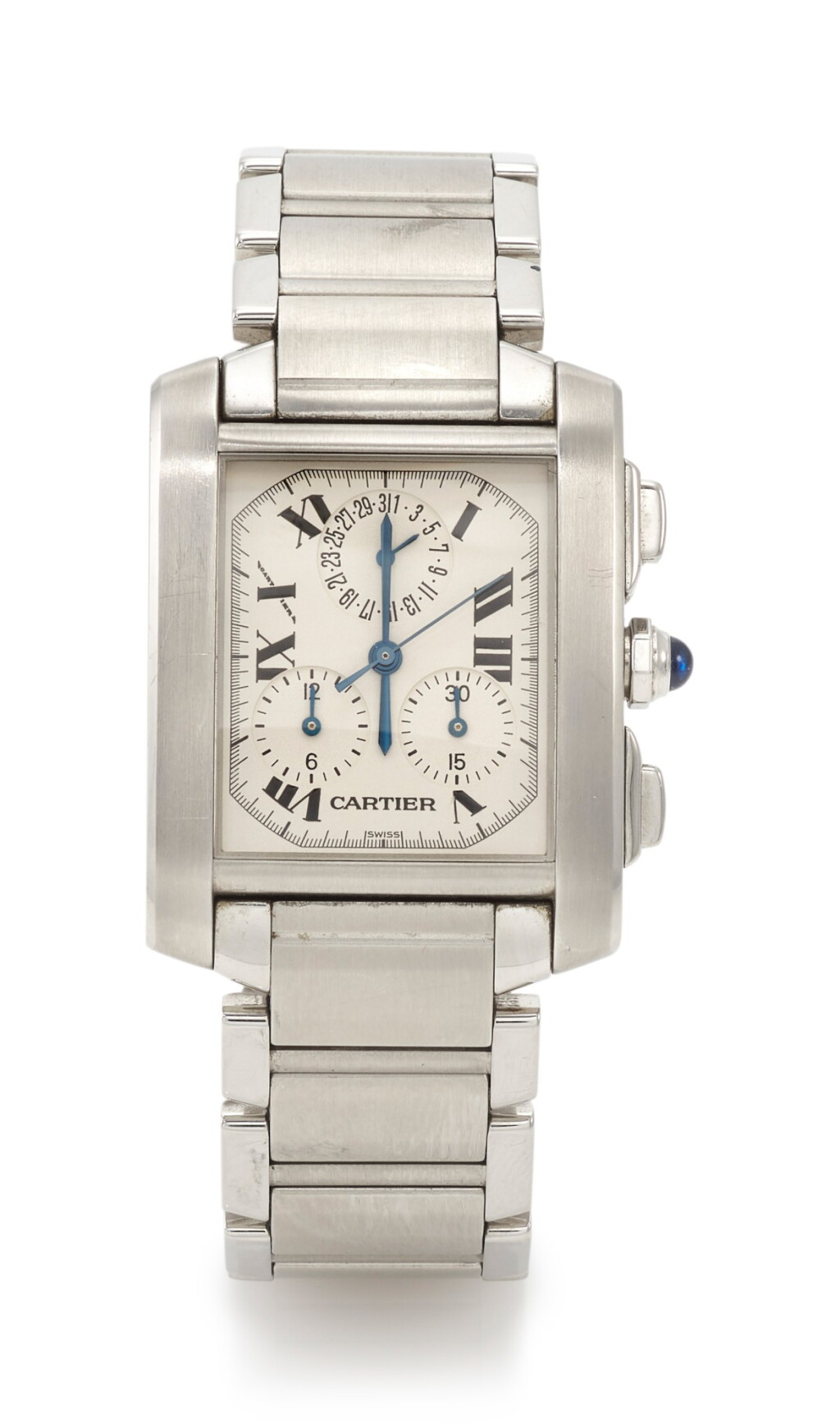 View full screen - View 1 of Lot 43. TANK FRANÇAISE CHRONOFLEX, REFERENCE 2303 STAINLESS STEEL CHRONOGRAPH WRISTWATCH WITH BRACELET (CRONOGRAFO IN ACCIAIO INOSSIDABILE CON BRACCIALE) CIRCA 1995 | CARTIER, PARIS .