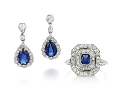 View full screen - View 1 of Lot 323. ATTRIBUTED TO CARTIER | PAIR OF SAPPHIRE AND DIAMOND EARRINGS AND A RING.