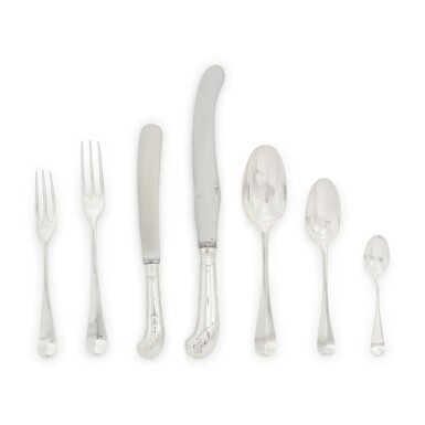 View full screen - View 1 of Lot 596. AN ASSEMBLED GEORGIAN FLATWARE SERVICE, LONDON, FIRST HALF 18TH CENTURY.