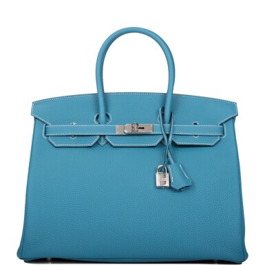 View full screen - View 1 of Lot 76. Hèrmes Bleu Jean Birkin 35cm of Togo Leather with Palladium Hardware .
